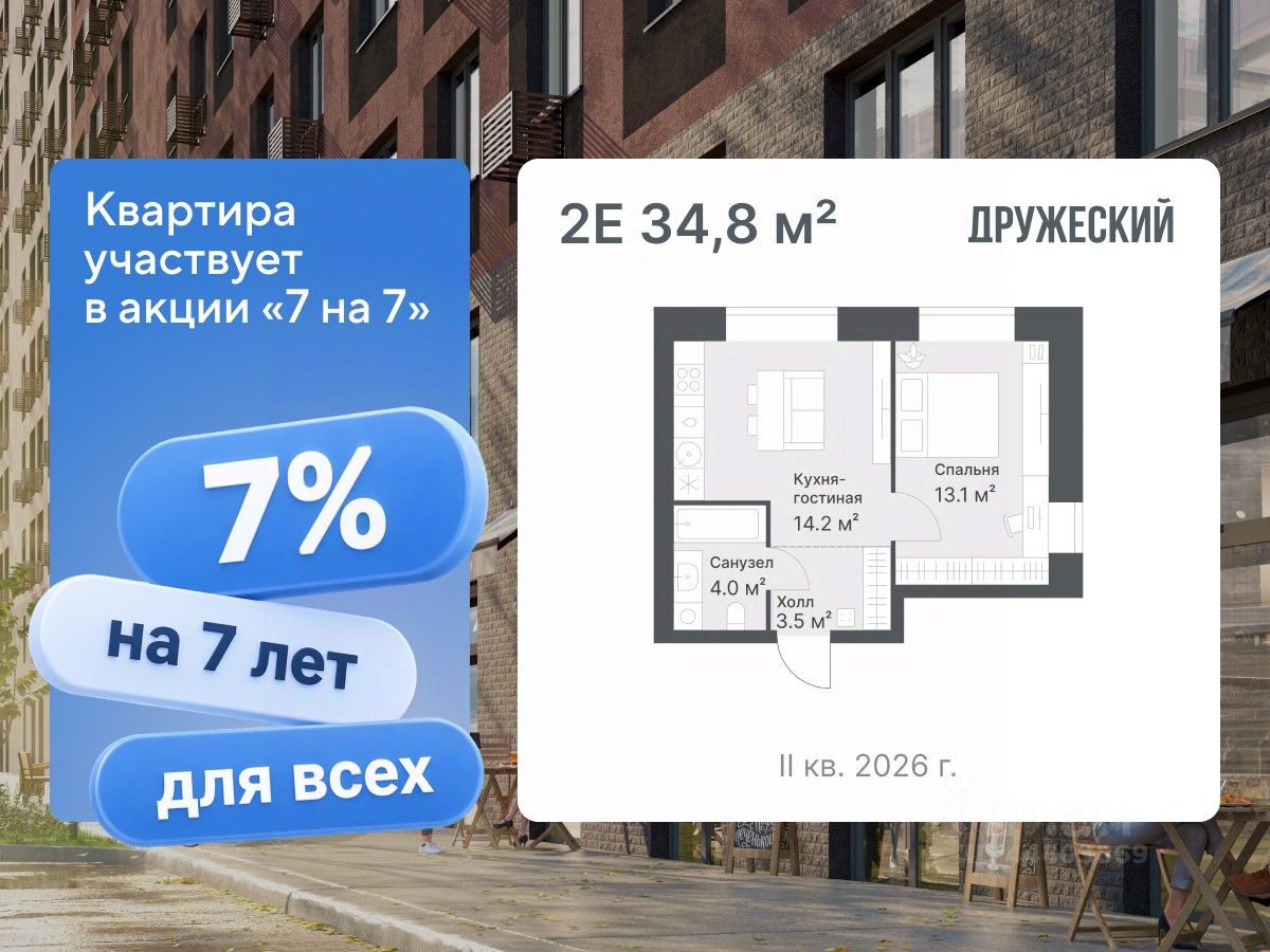 Планировка: Евродвушка 34.8 м² в ЖК Дружеский, Плеханово