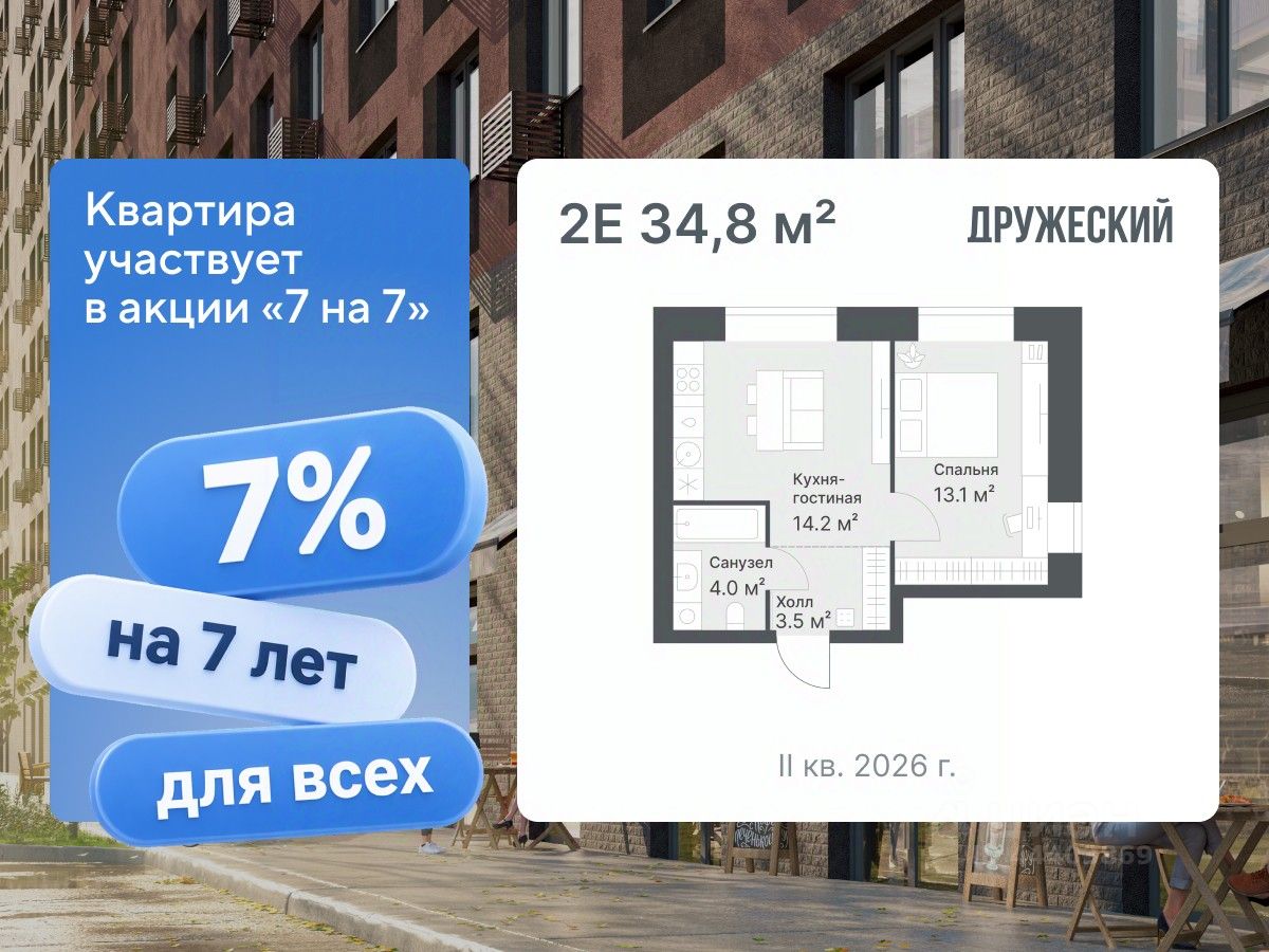 Планировка: Евродвушка 34.8 м² в ЖК Дружеский, Плеханово