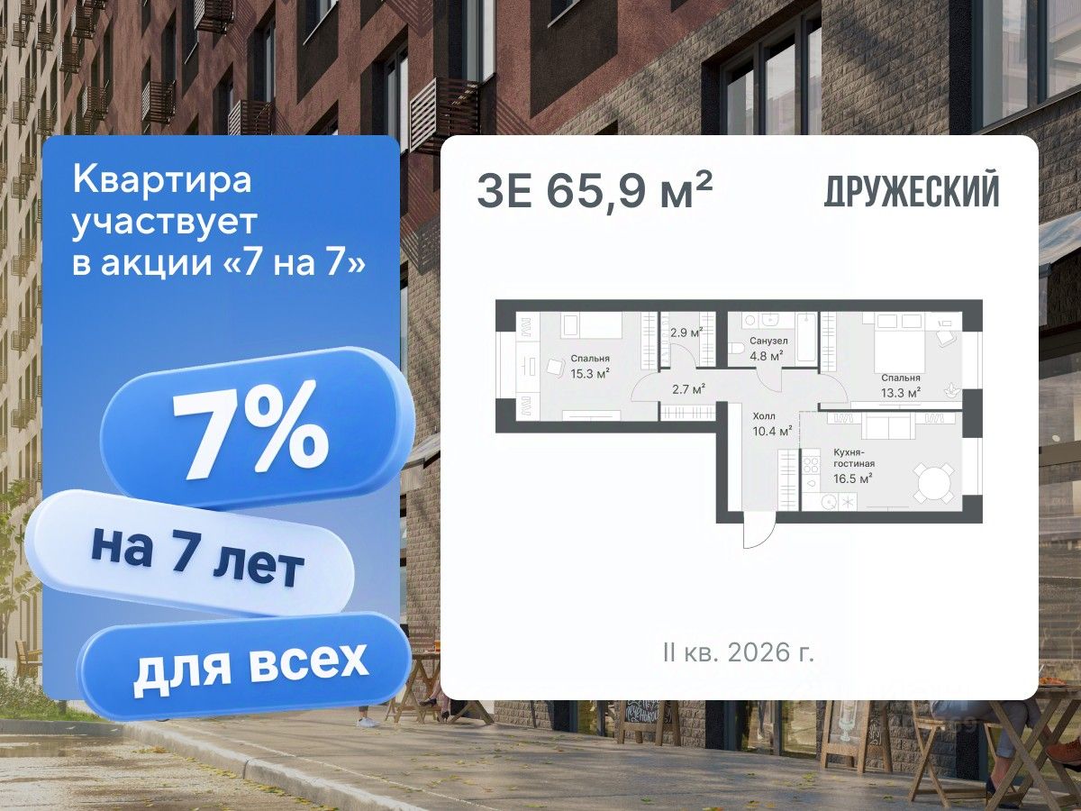 Планировка: Евротрешка 65.9 м² в ЖК Дружеский, Плеханово