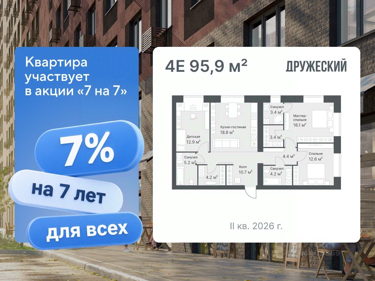 Планировка: 4-комнатная евро 95.9 м² в ЖК Дружеский, Плеханово