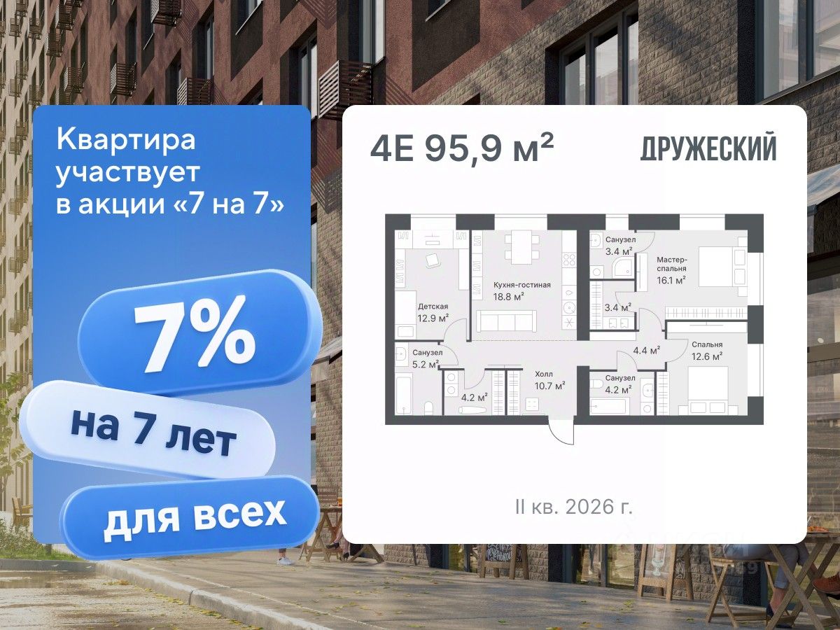 Планировка: 4-комнатная евро 95.9 м² в ЖК Дружеский, Плеханово