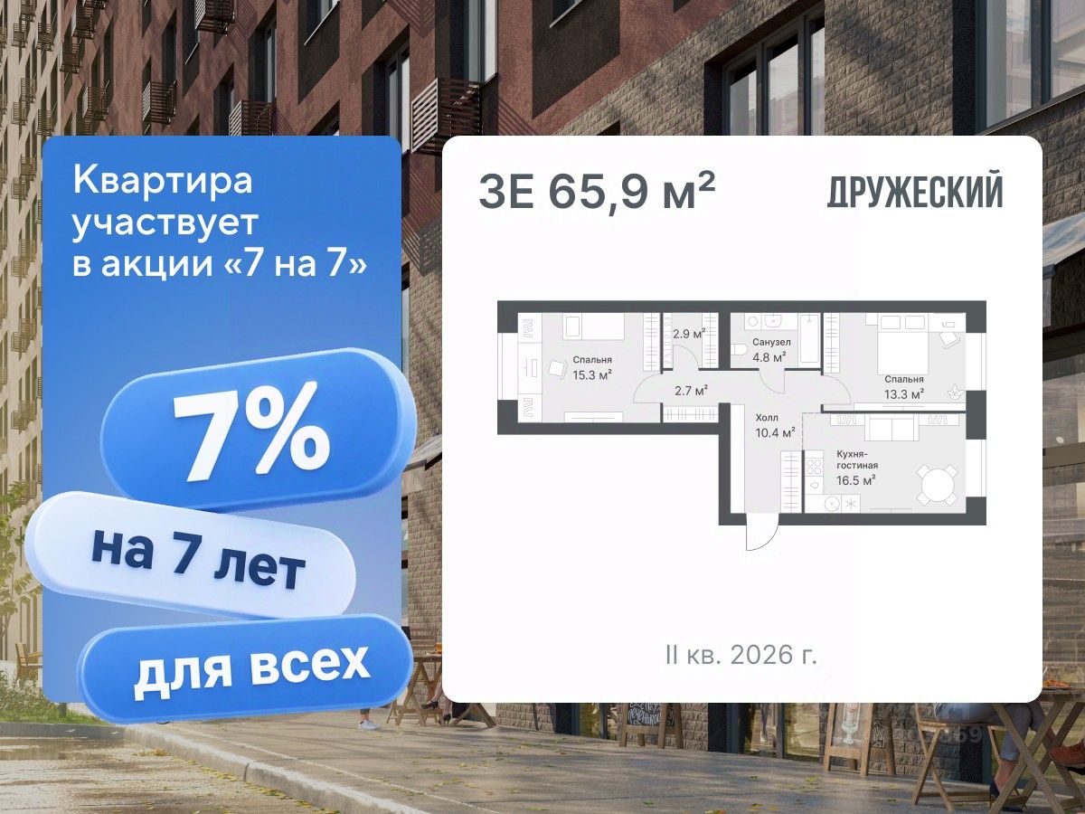 Планировка: Евротрешка 65.9 м² в ЖК Дружеский, Плеханово