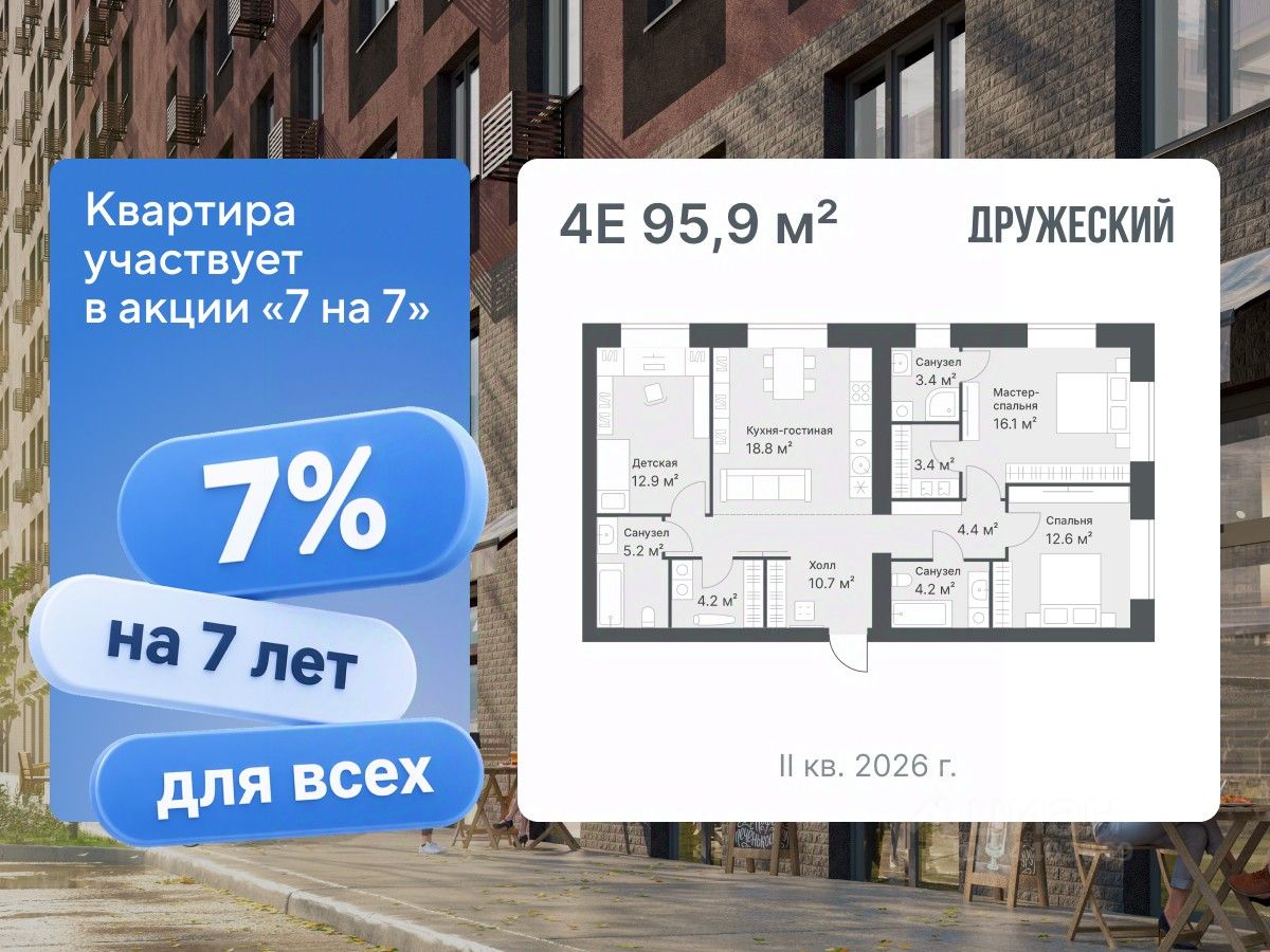 Планировка: 4-комнатная евро 95.9 м² в ЖК Дружеский, Плеханово