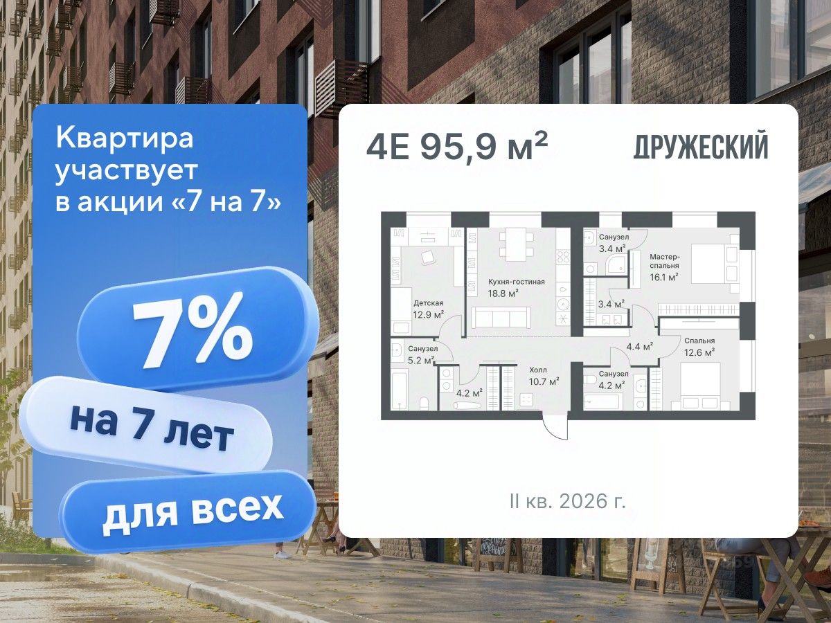 Планировка: 4-комнатная евро 95.9 м² в ЖК Дружеский, Плеханово