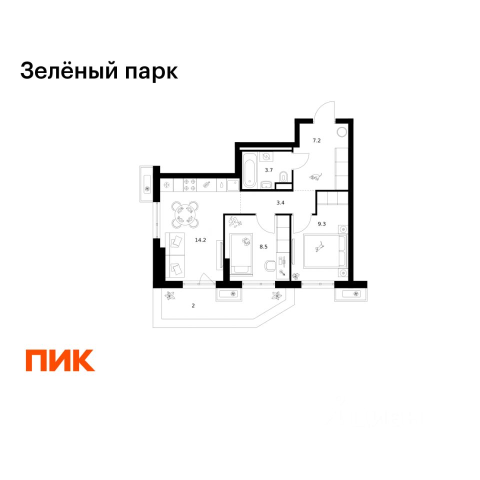 2-комн. квартира в ЖК Зелёный парк