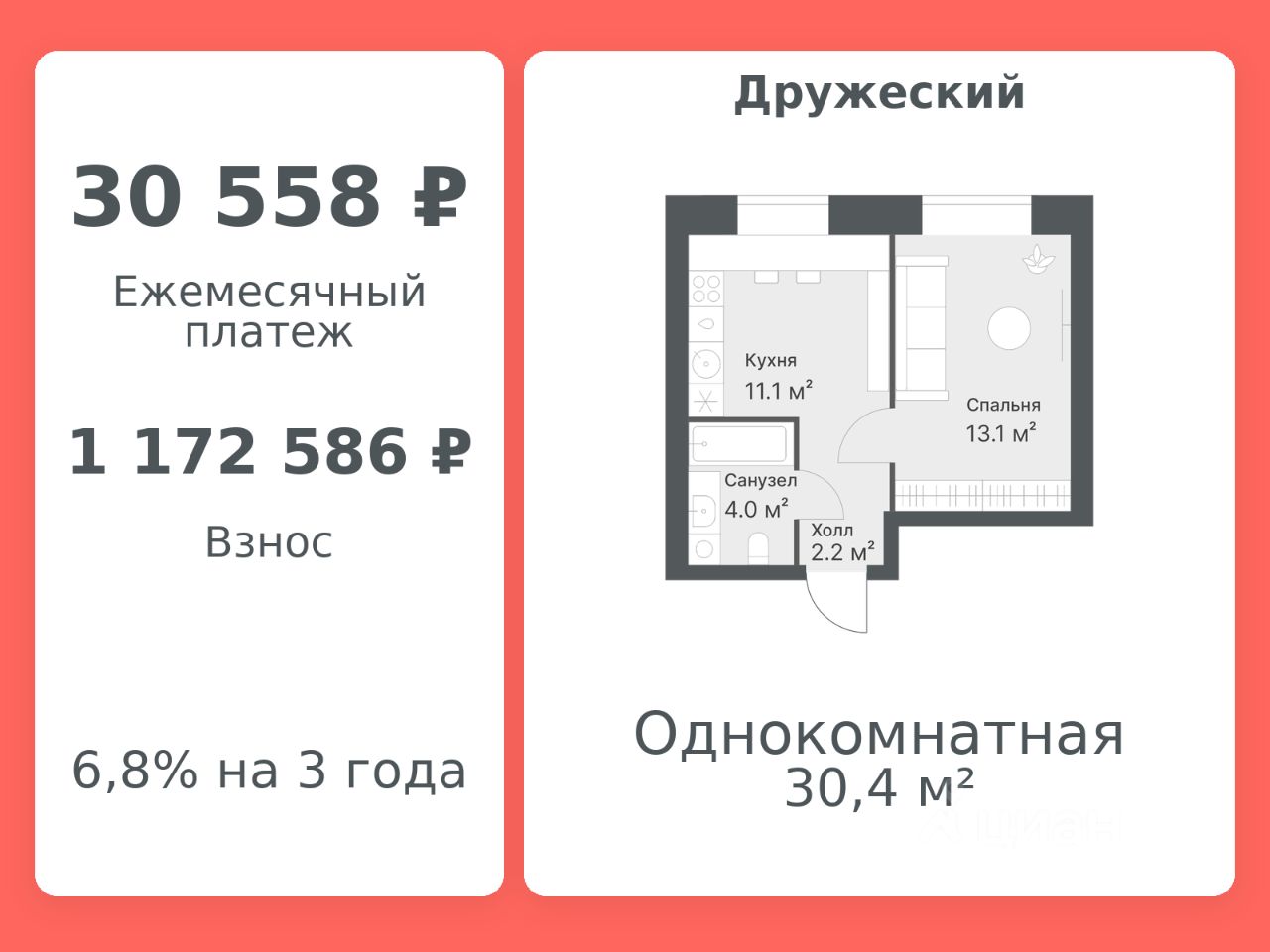 Планировка: Формат уточняется 30.4 м² в ЖК Дружеский, Плеханово