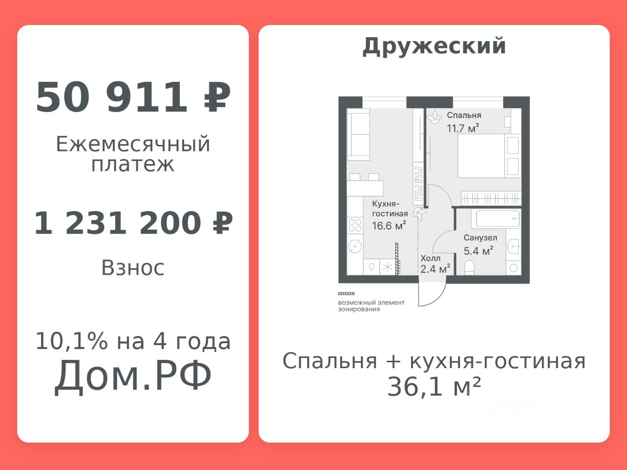 Планировка: Формат уточняется 36.1 м² в ЖК Дружеский, Плеханово