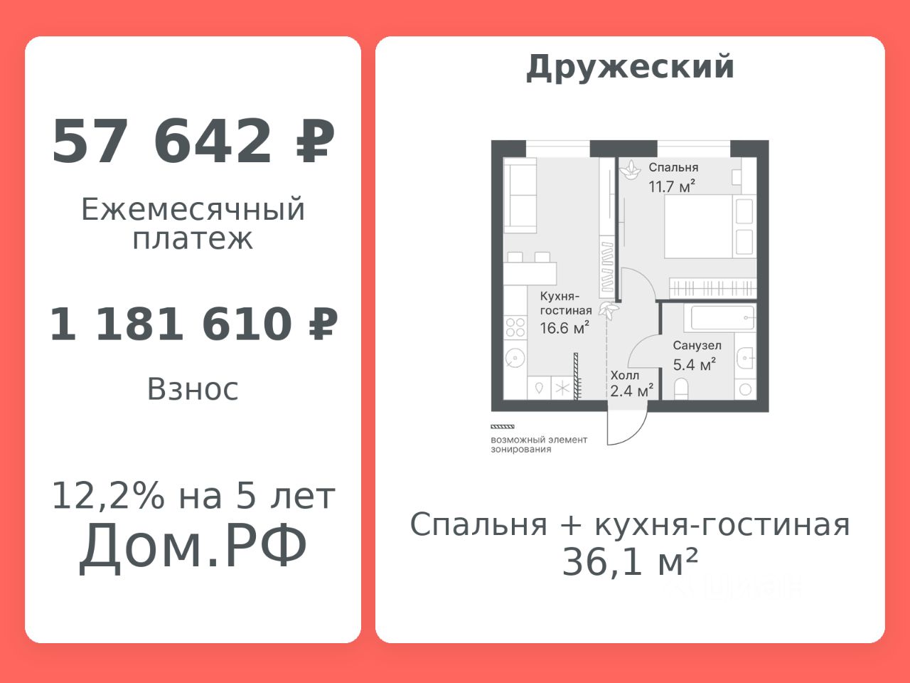 Планировка: Формат уточняется 36.1 м² в ЖК Дружеский, Плеханово