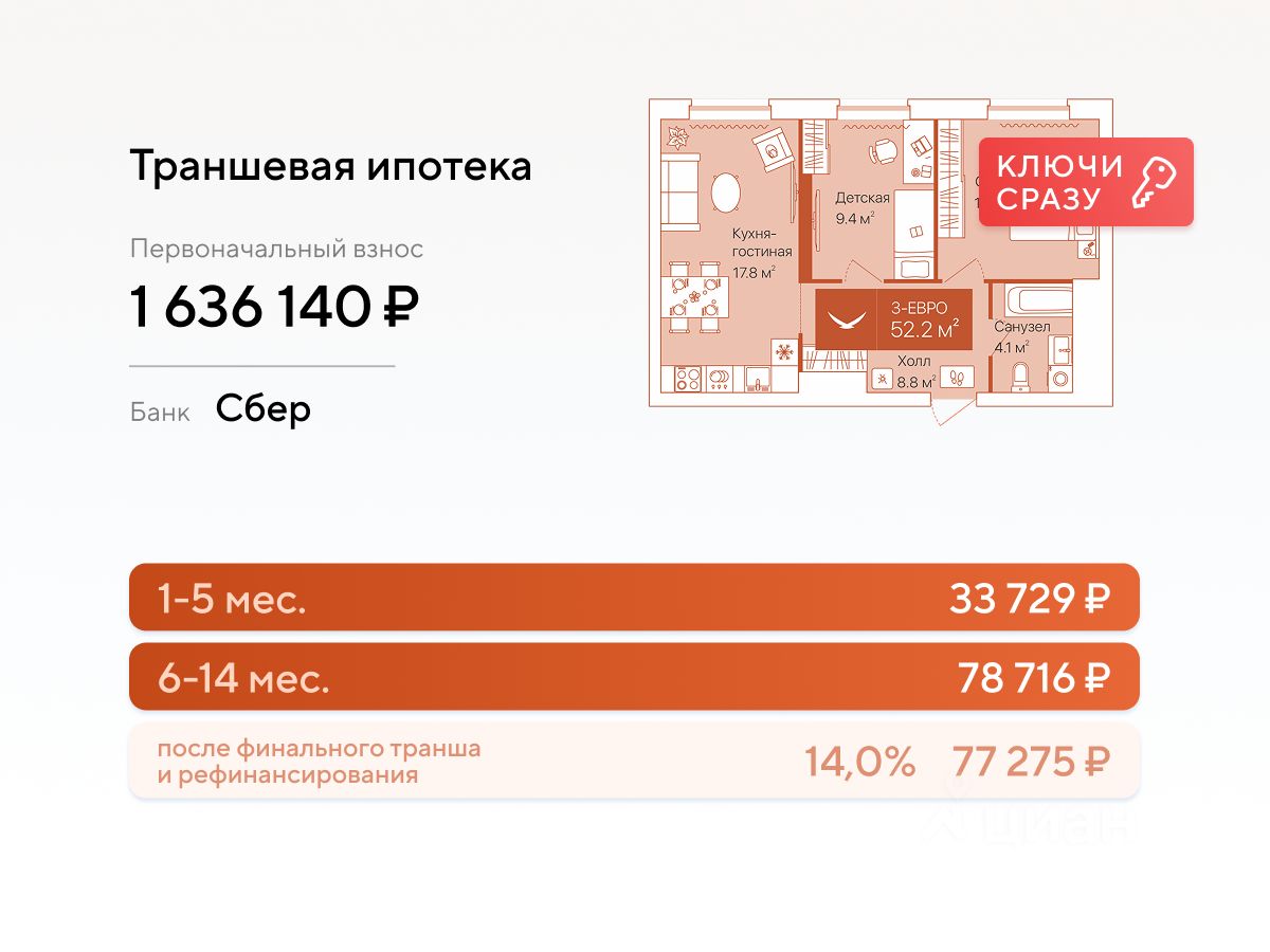 Планировка: Евротрешка 52.2 м² в ЖК Дом на Большой Спасской, Воровского