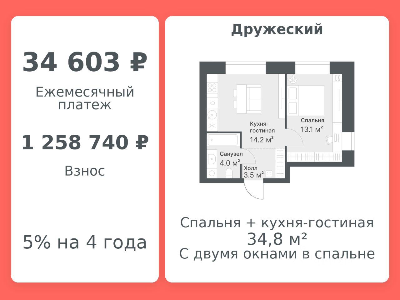 Планировка: Формат уточняется 34.8 м² в ЖК Дружеский, Плеханово