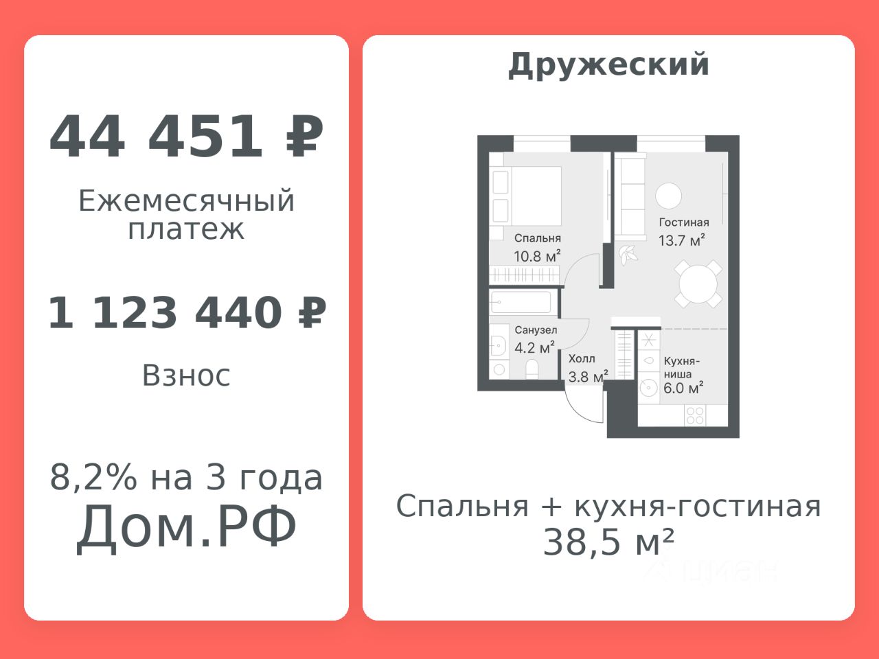 Планировка: Формат уточняется 38.5 м² в ЖК Дружеский, Плеханово