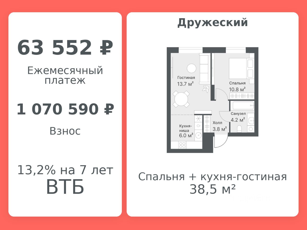 Планировка: Формат уточняется 38.5 м² в ЖК Дружеский, Плеханово