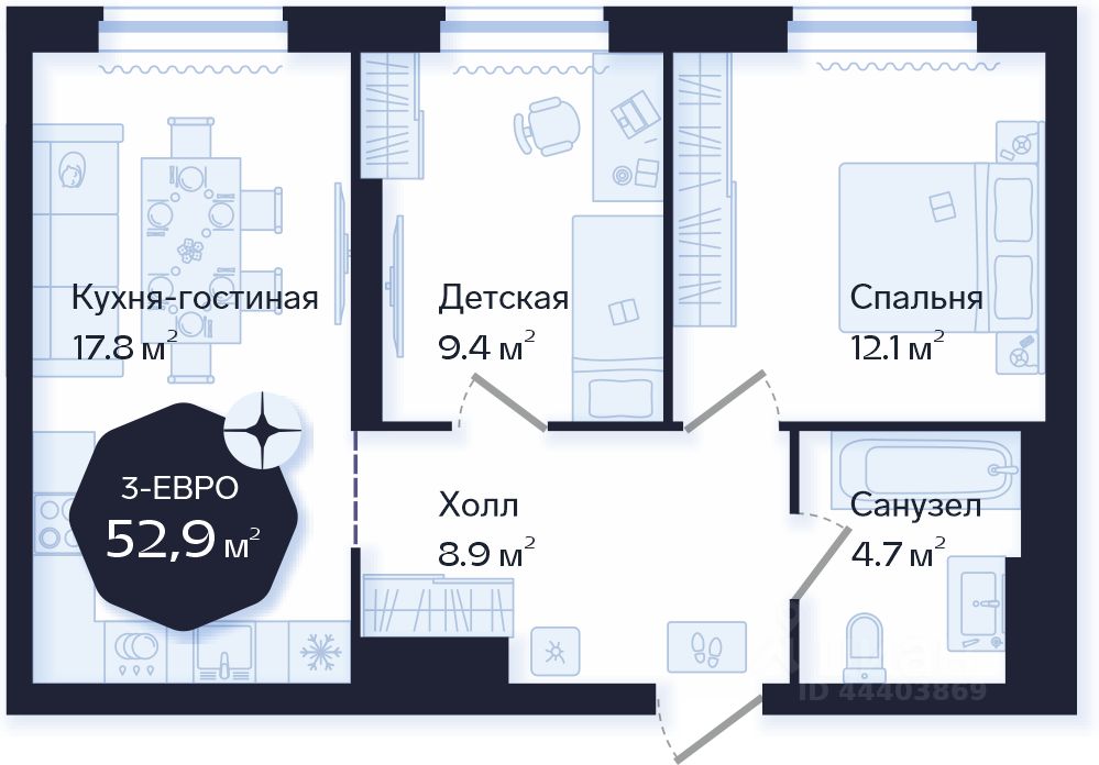 Планировка: Формат уточняется 52.9 м² в ЖК Да.Квартал Централь, Центр: Дом печати