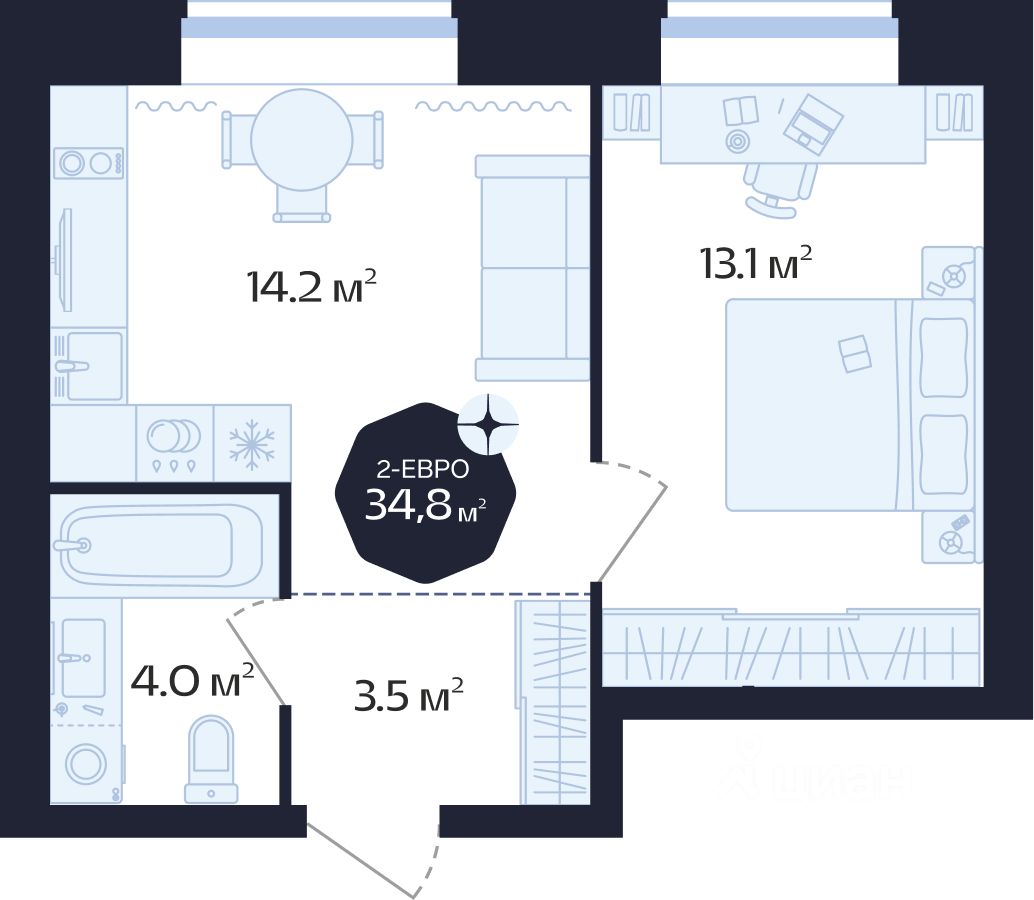 Планировка: Формат уточняется 34.8 м² в ЖК Да.Квартал Централь, Центр: Дом печати