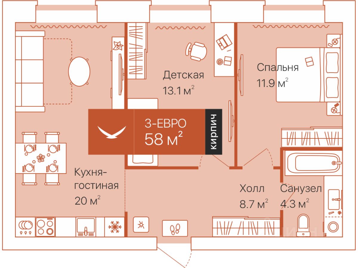 Планировка: Формат уточняется 58 м² в ЖК Дом на Большой Спасской, Воровского