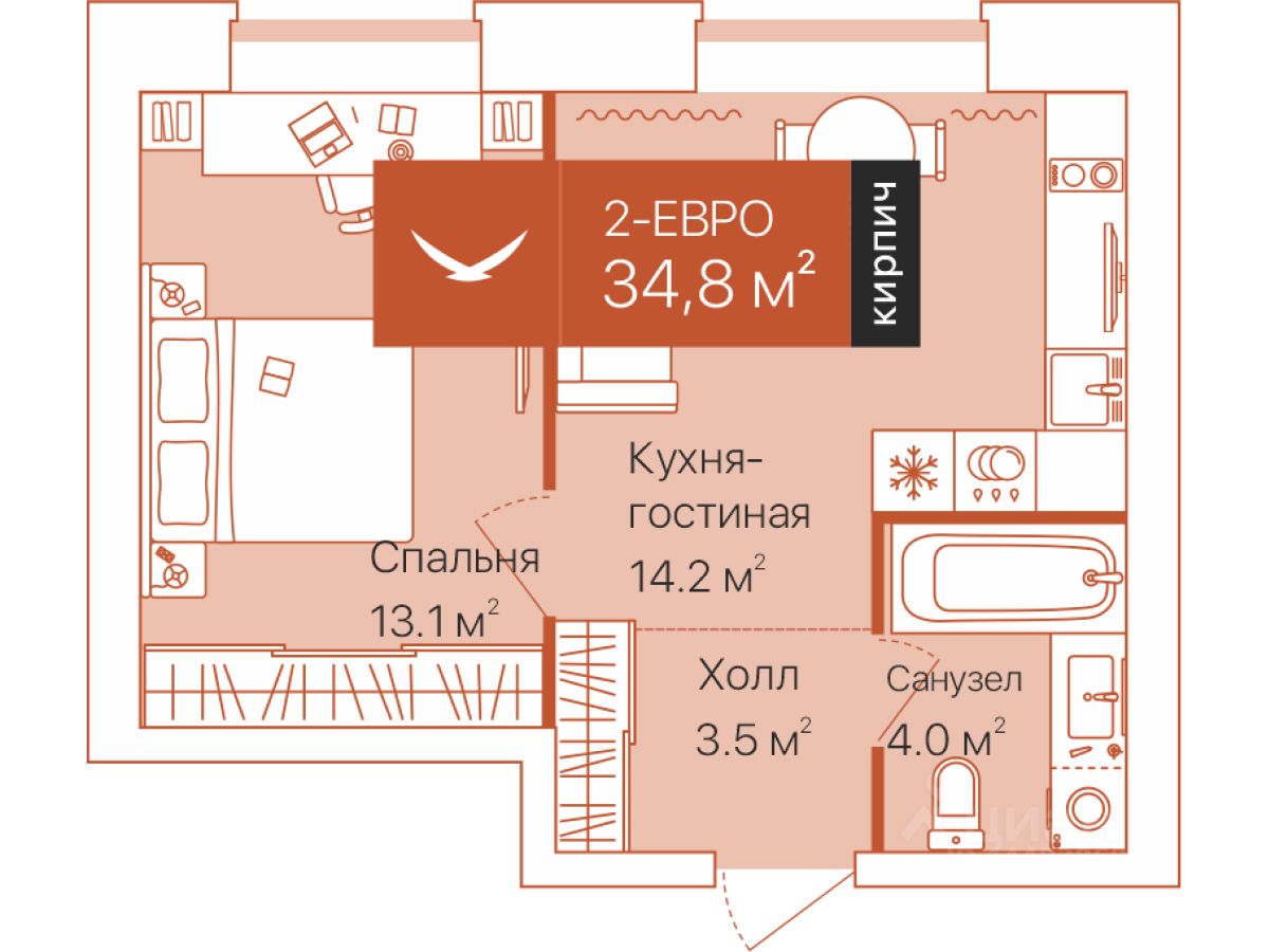 Планировка: Формат уточняется 34.8 м² в ЖК Дом на Большой Спасской, Воровского