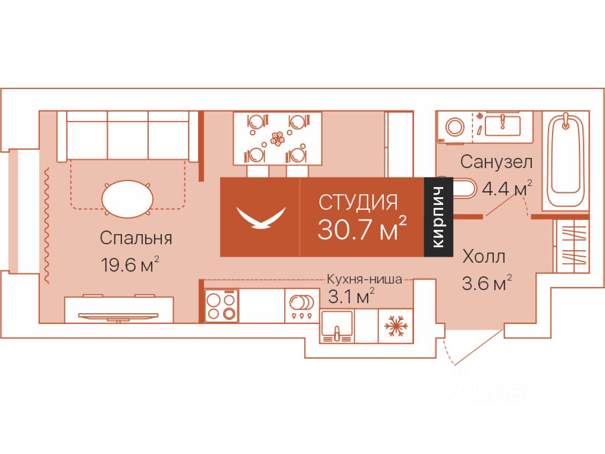 Планировка: Формат уточняется 30.7 м² в ЖК Дом на Большой Спасской, Воровского