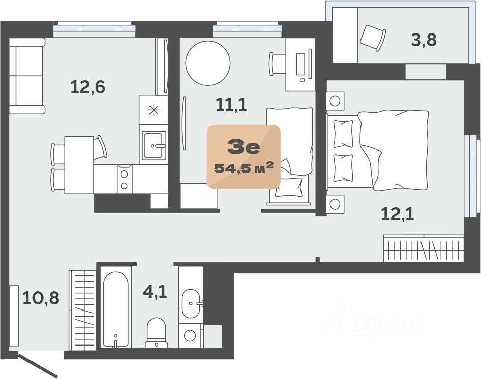 Планировка: Формат уточняется 52.6 м² в ЖК Баланс, Воровского