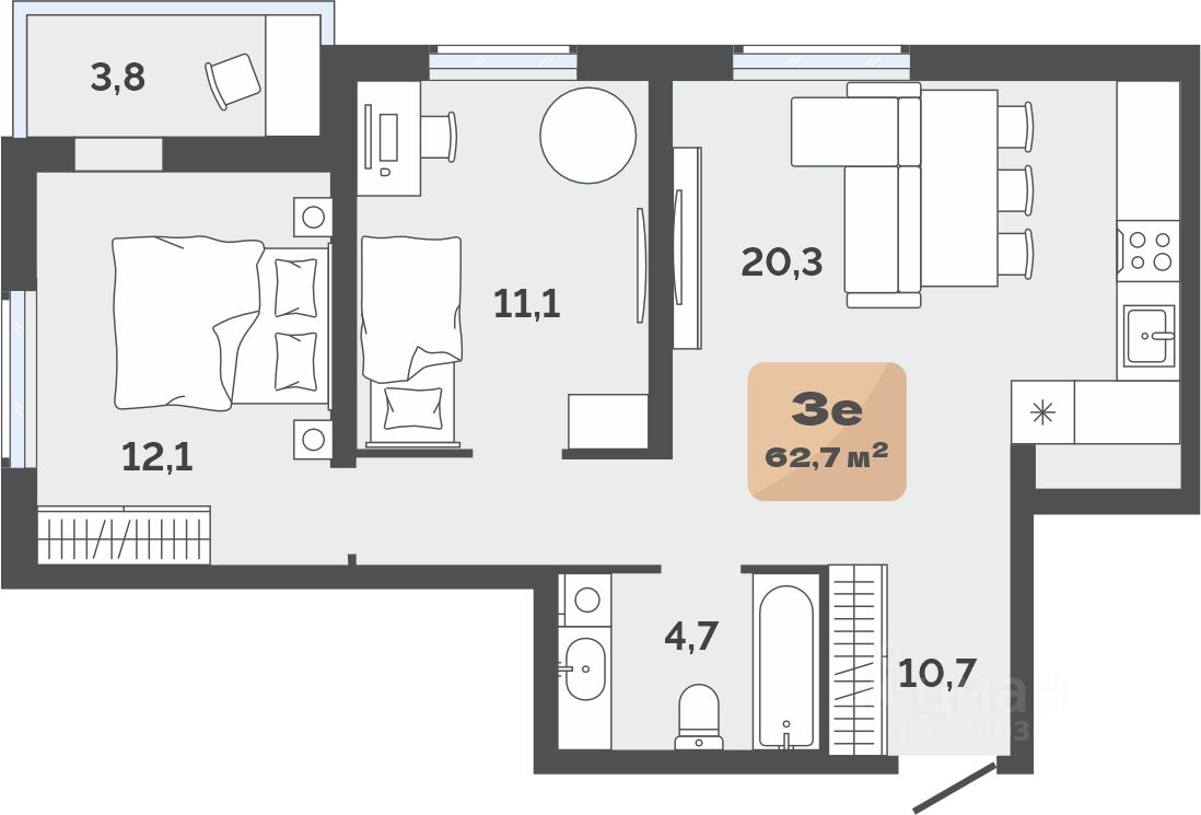 Планировка: Формат уточняется 60.8 м² в ЖК Баланс, Воровского