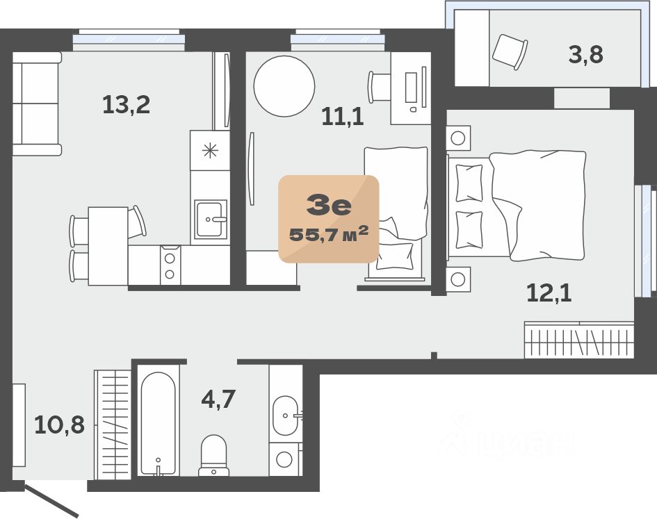 Планировка: Формат уточняется 53.8 м² в ЖК Баланс, Воровского