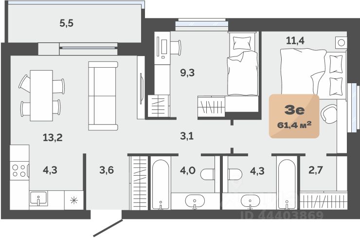 Планировка: Формат уточняется 58.6 м² в ЖК Баланс, Воровского