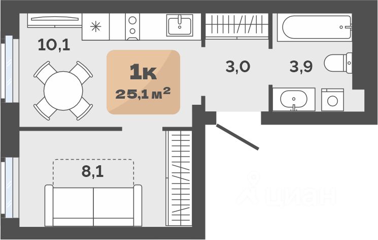 Планировка: Формат уточняется 25.1 м² в ЖК Баланс, Воровского