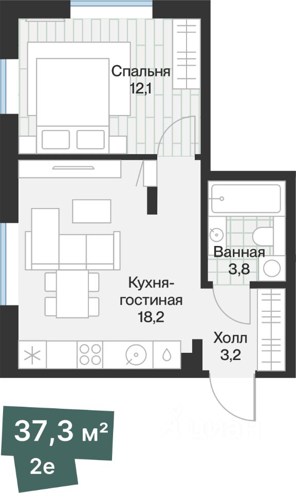 Планировка: Формат уточняется 37.3 м² в ЖК Эклипт, Рощино