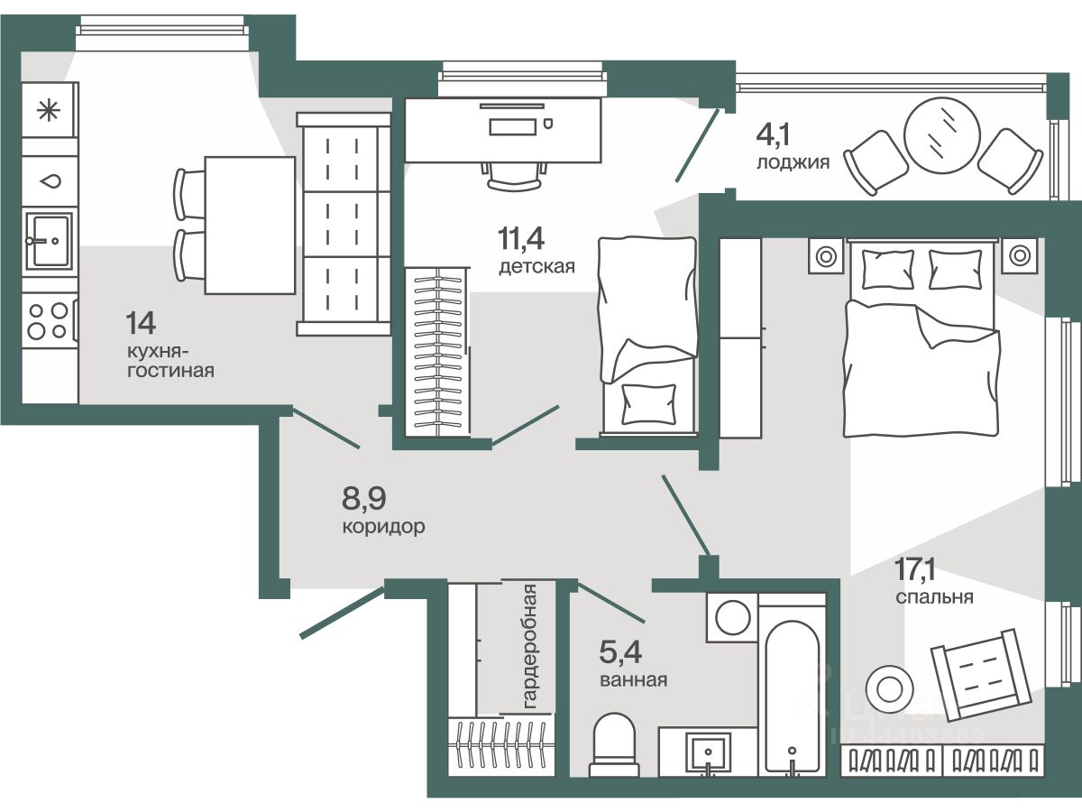 Планировка: Формат уточняется 58.9 м² в ЖК Эклипт, Рощино