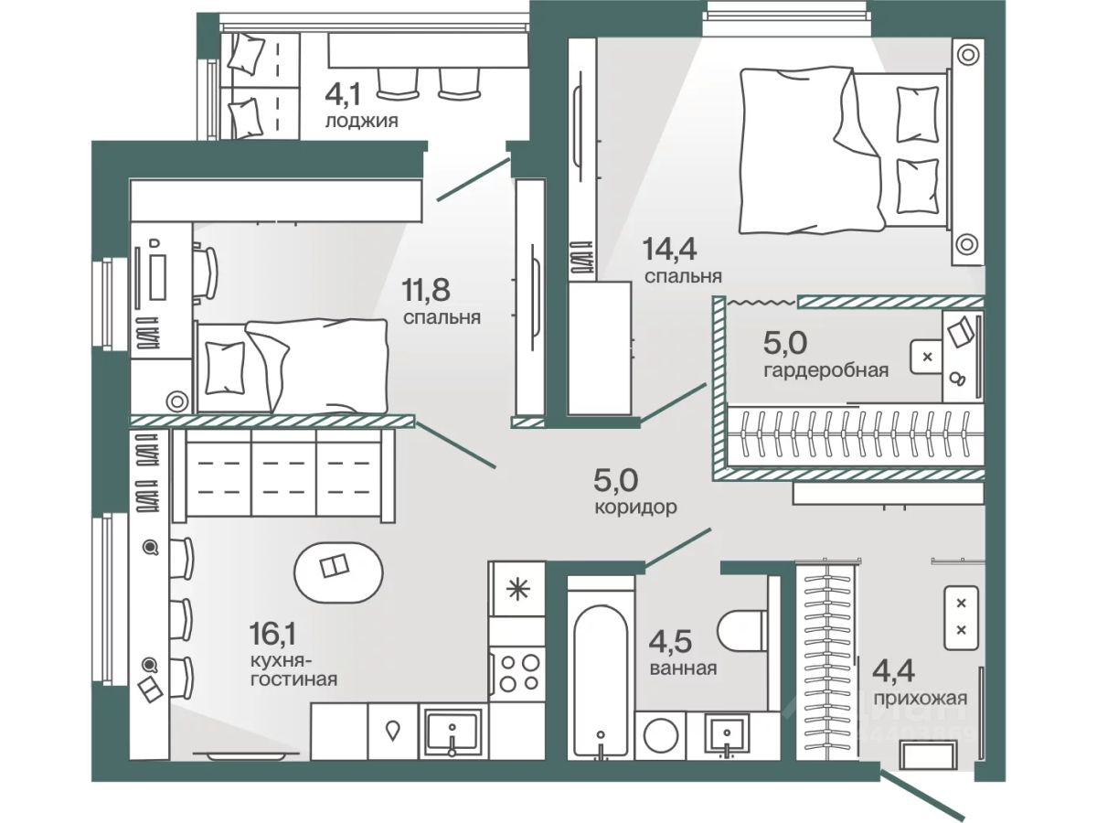 Планировка: Формат уточняется 63.3 м² в ЖК Эклипт, Рощино