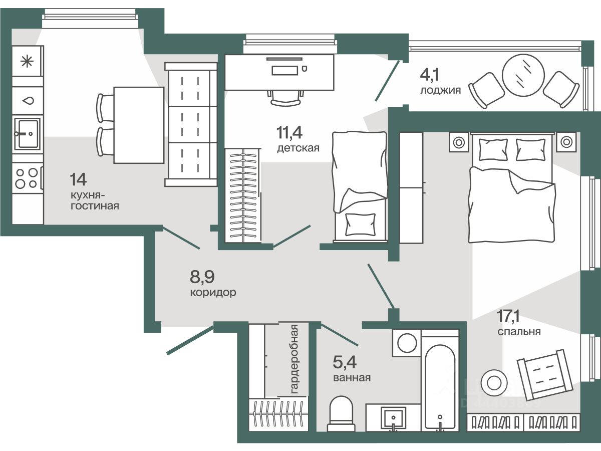 Планировка: Формат уточняется 59.2 м² в ЖК Эклипт, Рощино