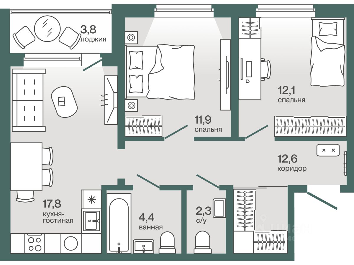 Планировка: Формат уточняется 63.1 м² в ЖК Эклипт, Рощино