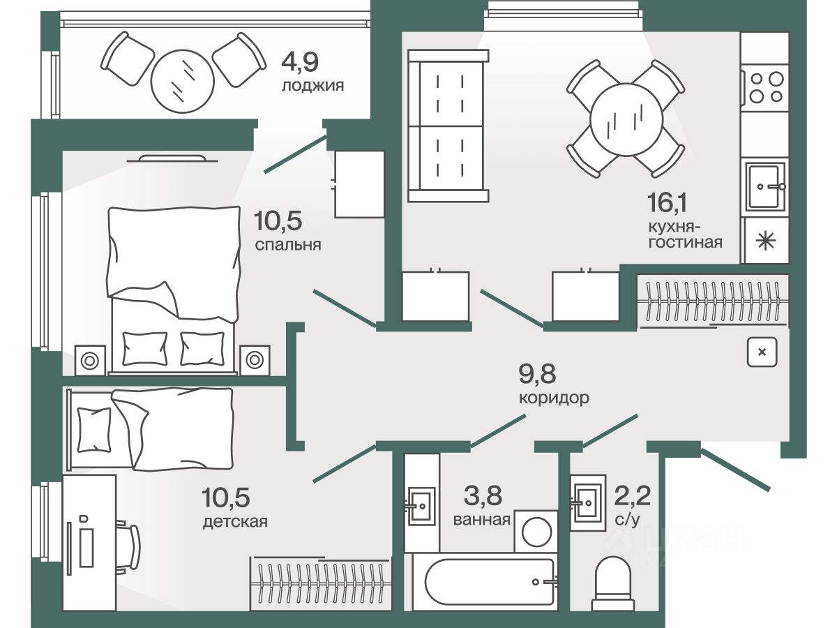 Планировка: Формат уточняется 55.3 м² в ЖК Эклипт, Рощино
