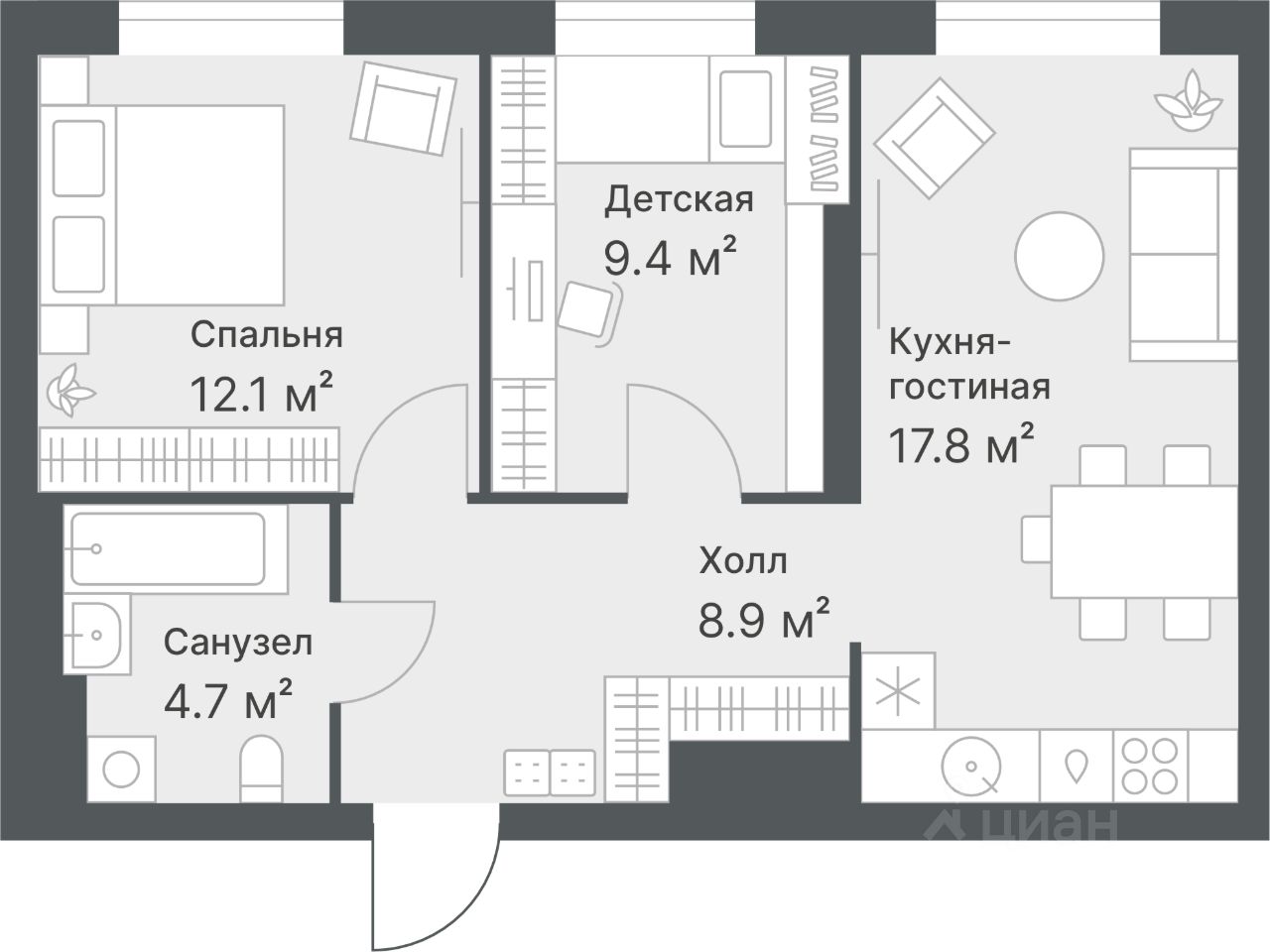 Планировка: Формат уточняется 52.9 м² в ЖК Дружеский, Плеханово
