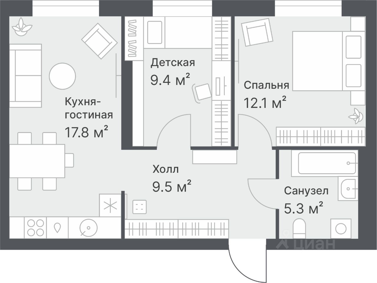 Планировка: Формат уточняется 54.1 м² в ЖК Дружеский, Плеханово