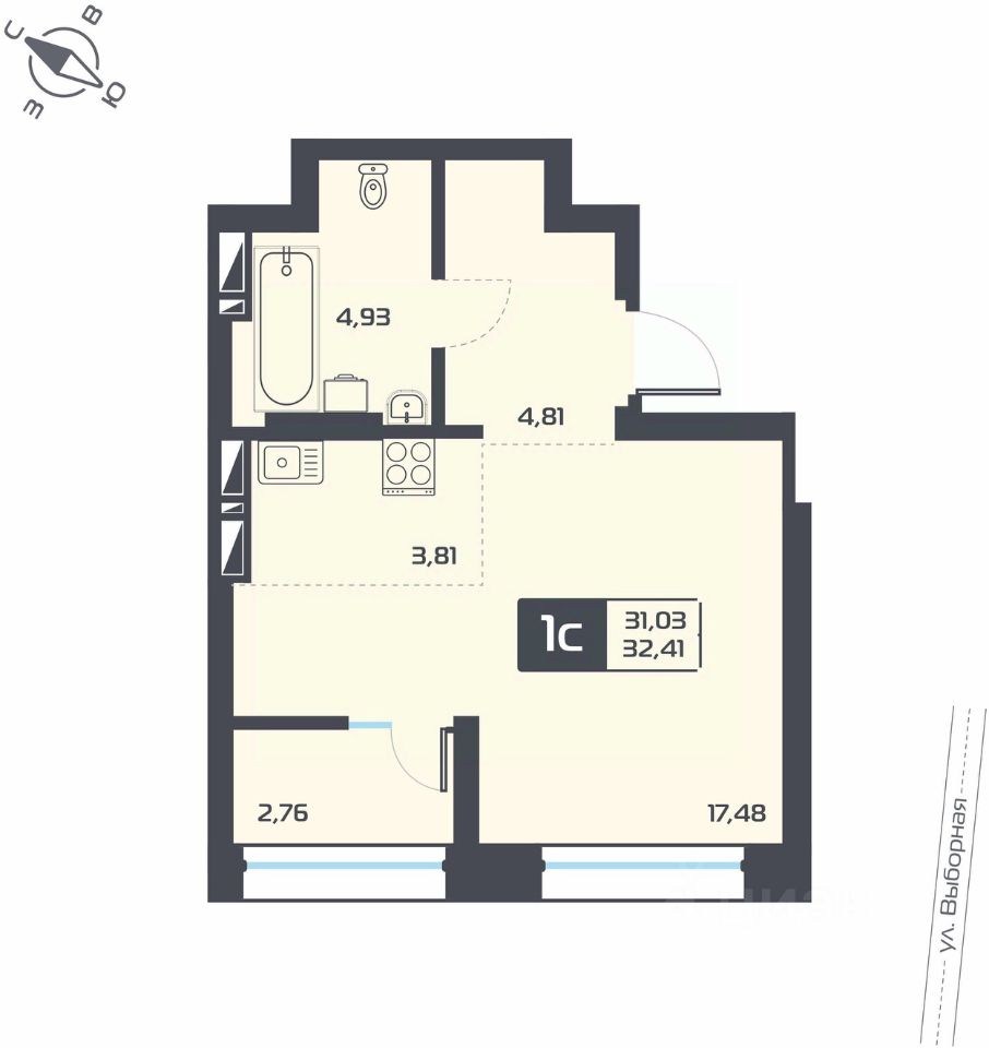 Квартира-студия, 32.4 м²