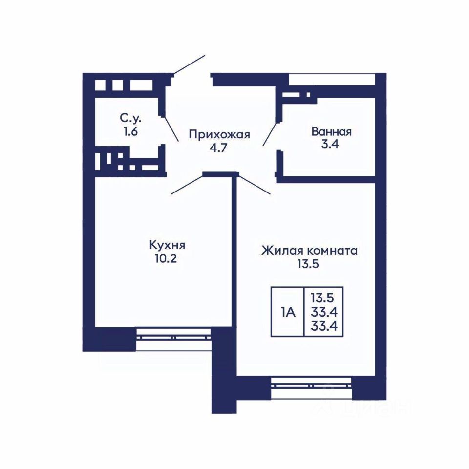 1-комн. квартира, 33.4 м² — фото 1