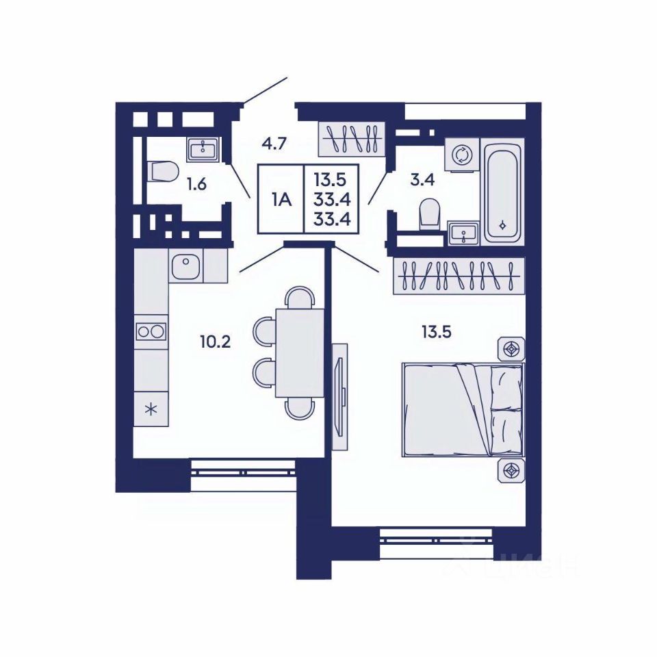 1-комн. квартира, 33.4 м² — фото 2