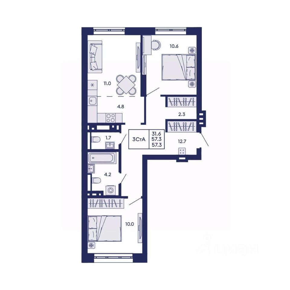 3-комн. квартира, 57.3 м² 2