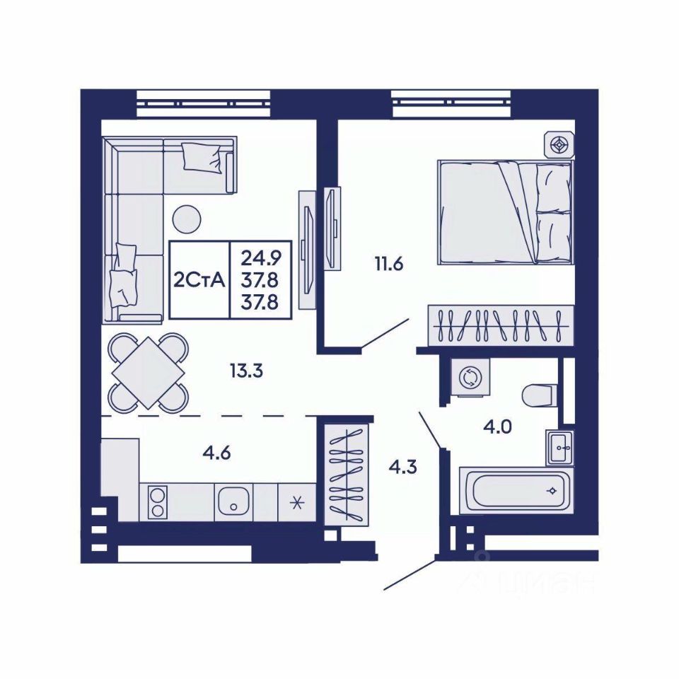 2-комн. квартира, 37.8 м² 2