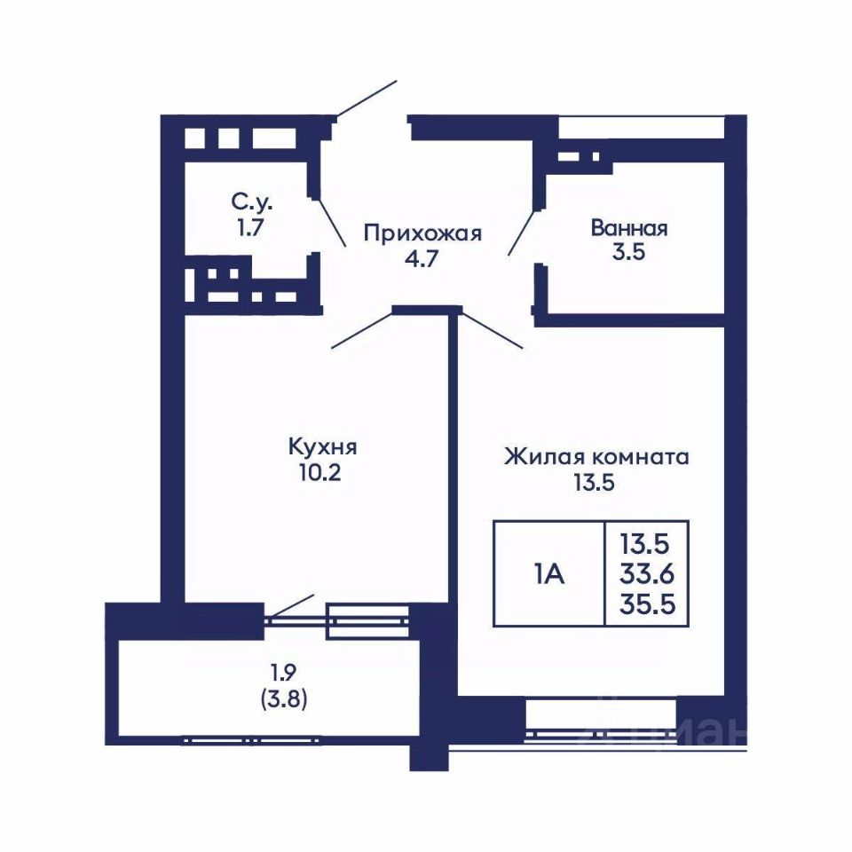 1-комн. квартира, 35.5 м² — фото 1