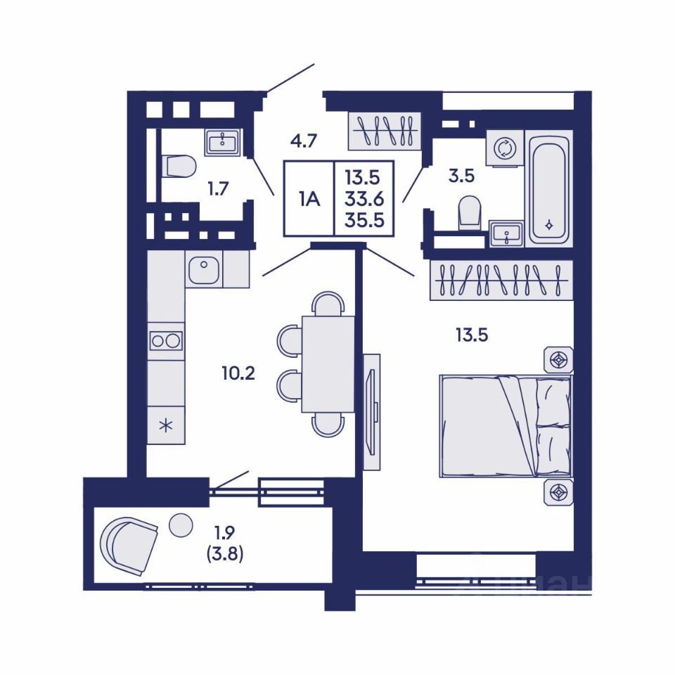 1-комн. квартира, 35.5 м² — фото 2