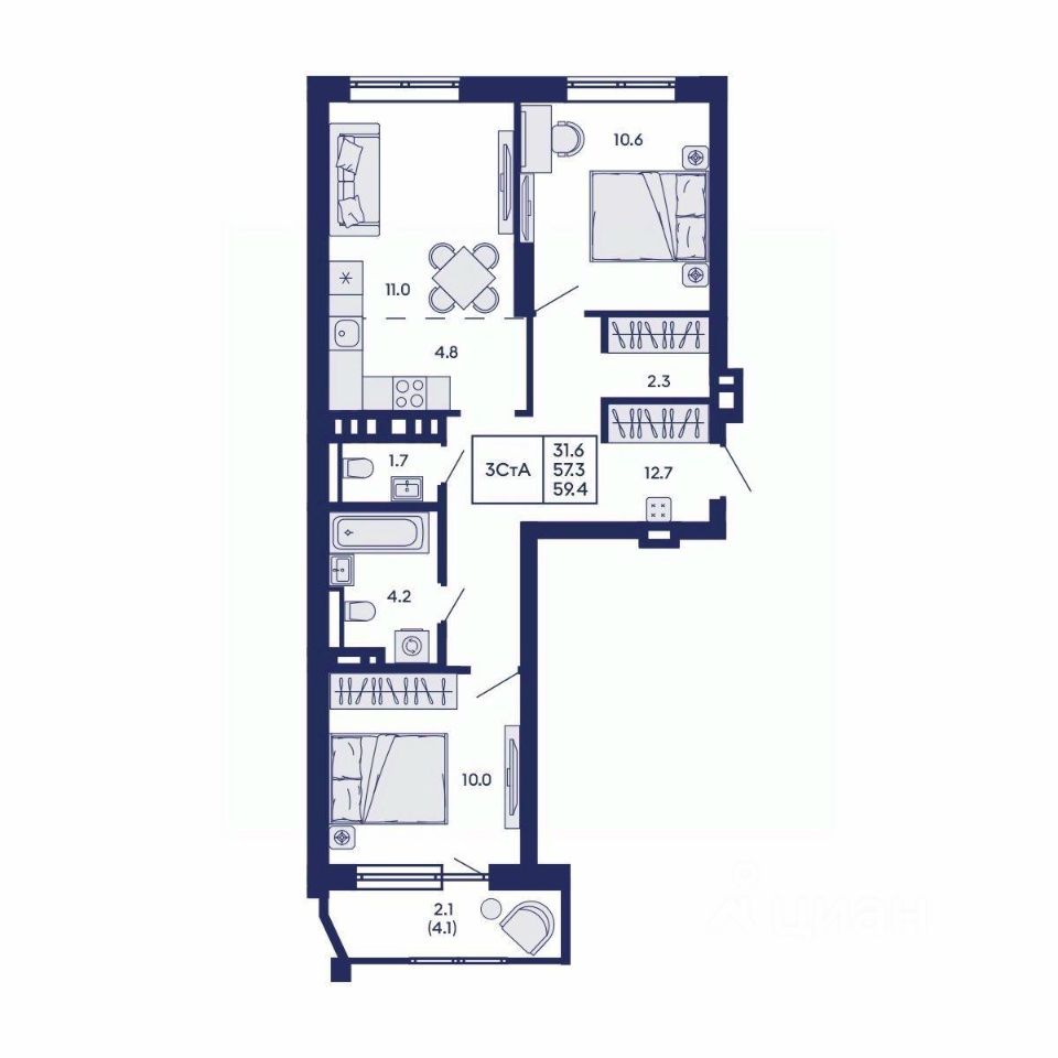 3-комн. квартира, 59.4 м² 2