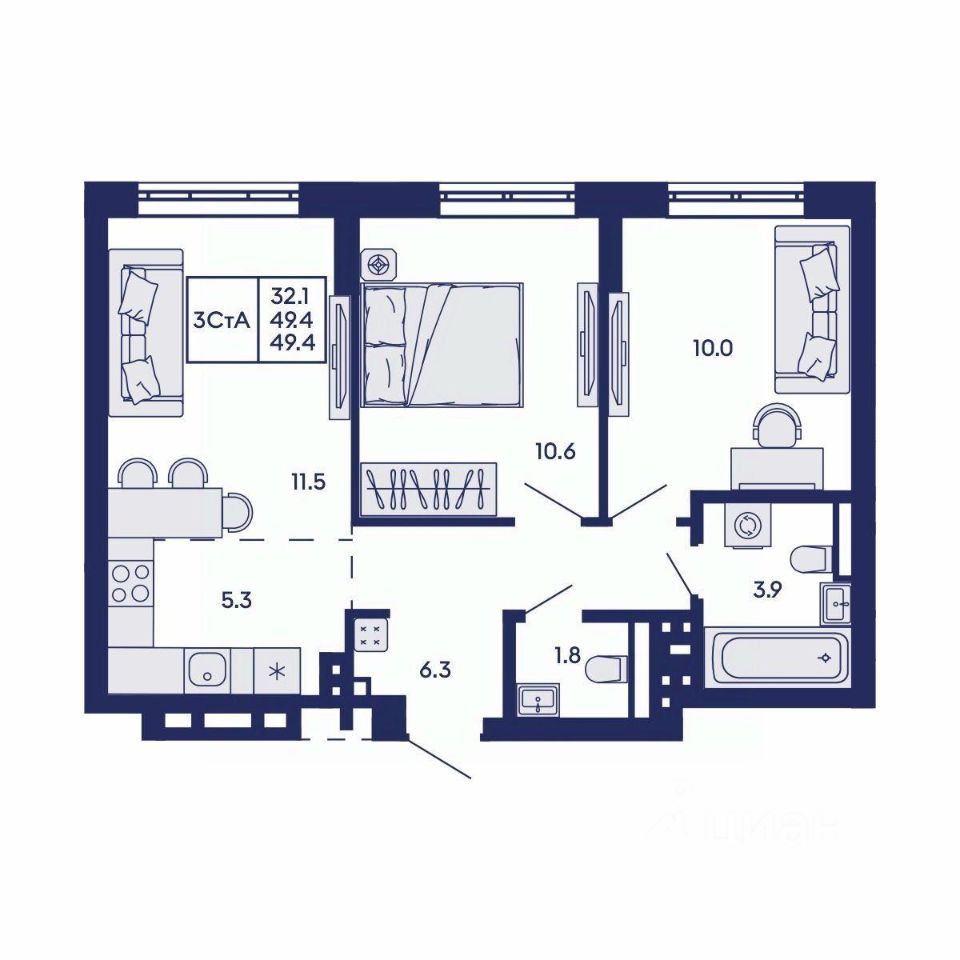 3-комн. квартира, 49.4 м² 2