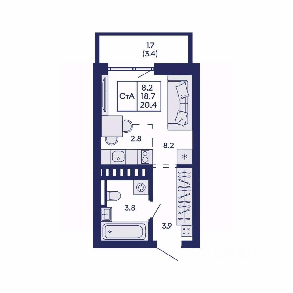 Квартира-студия, 20.4 м² 2