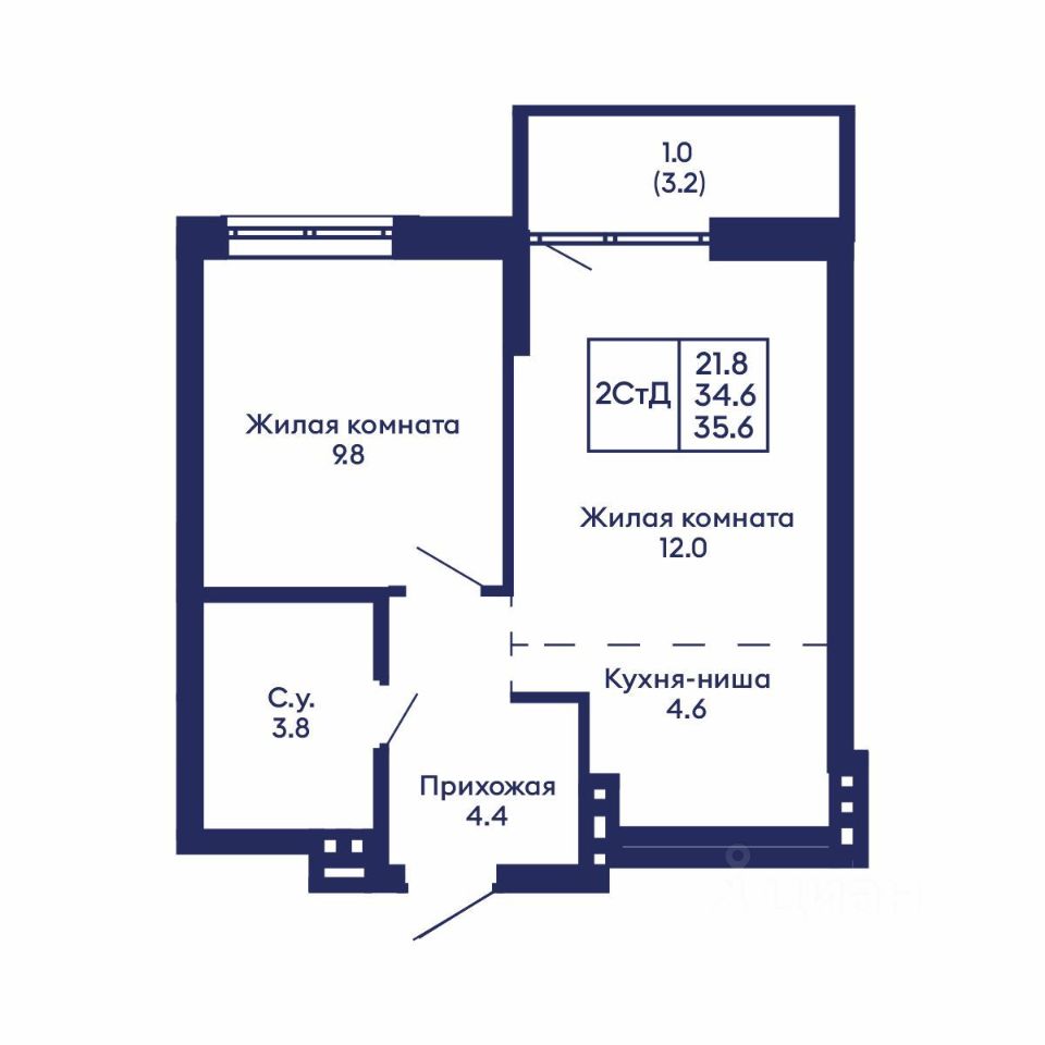 2-комн. квартира, 35.6 м²