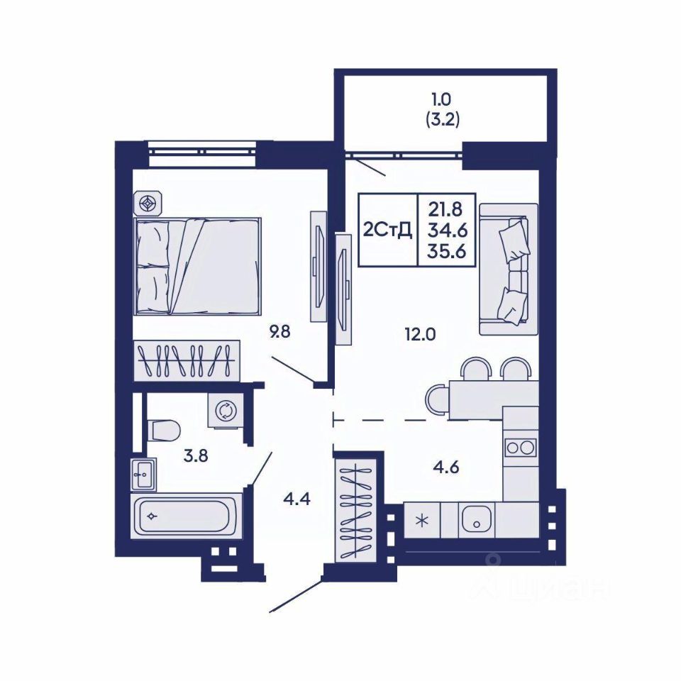 2-комн. квартира, 35.6 м² 2