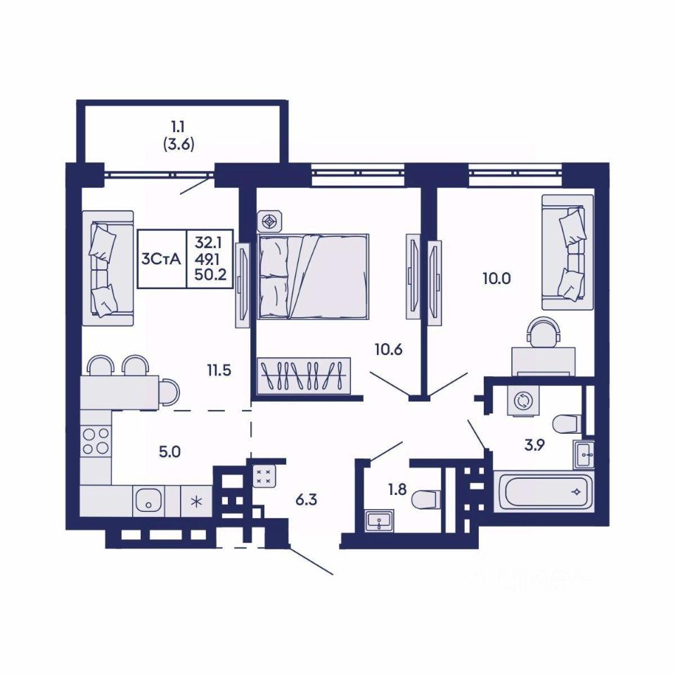 3-комн. квартира, 50.2 м² 2