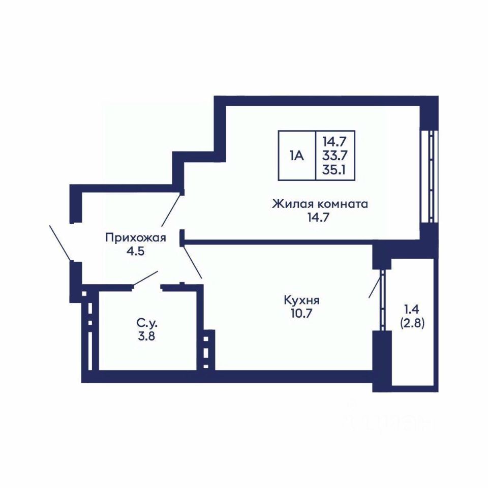 1-комн. квартира, 35.1 м²