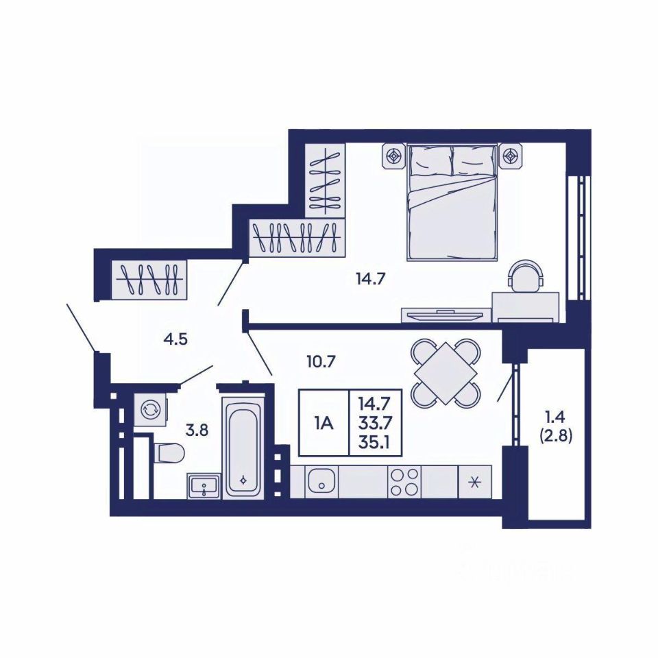 1-комн. квартира, 35.1 м² 2