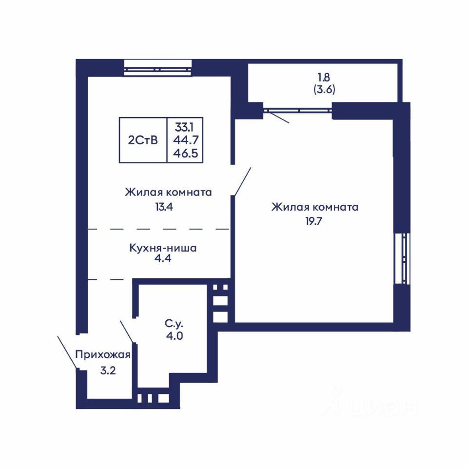 Квартира-студия, 46.5 м²